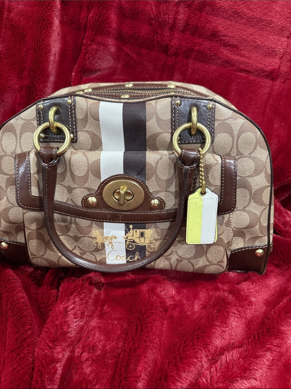 Vintage Coach Brown Signature Canvas Satchel w/White and Dark Brown Stripes